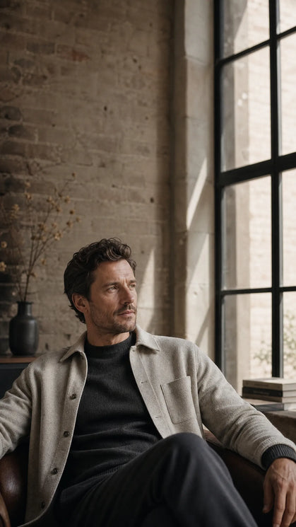 Maverick — new-season layers, seated by loft window (hero slide 3 mobile)
