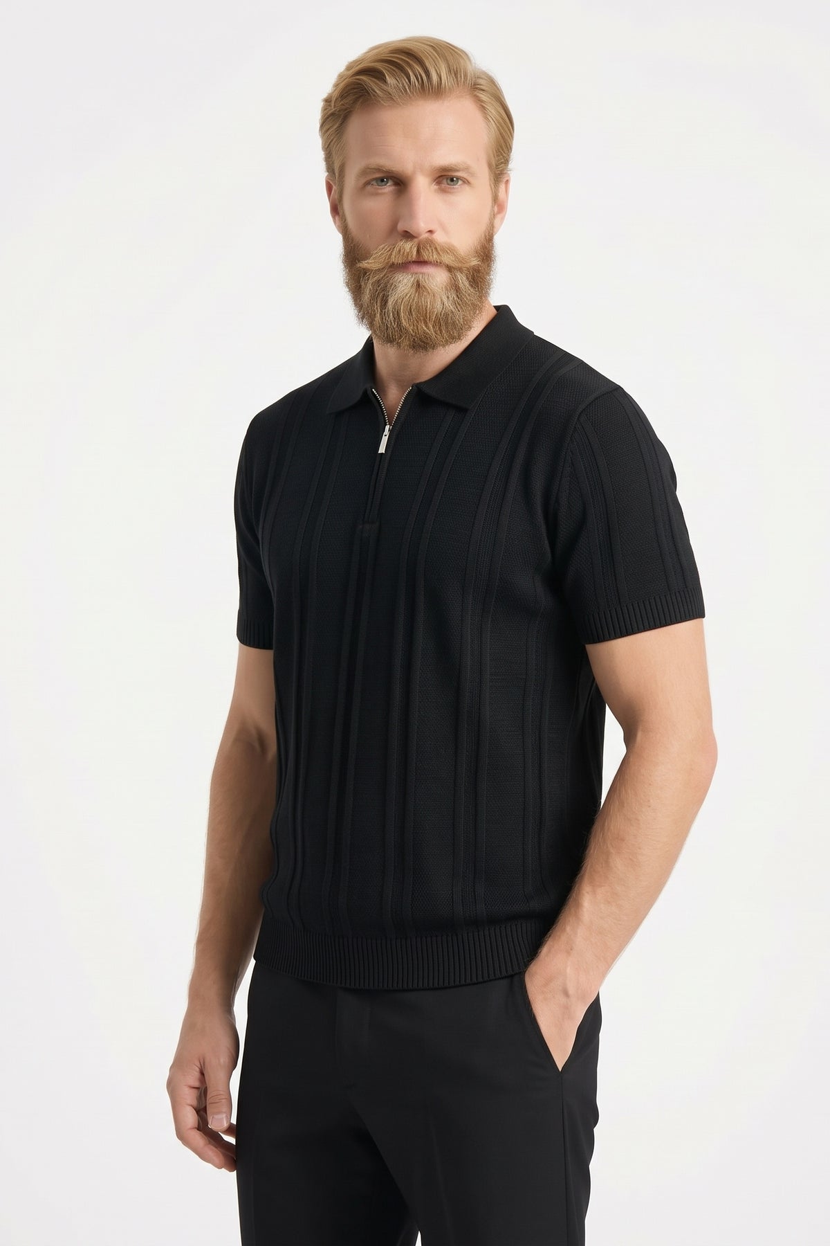 Ribbed Half-Zip Knit Polo Shirt