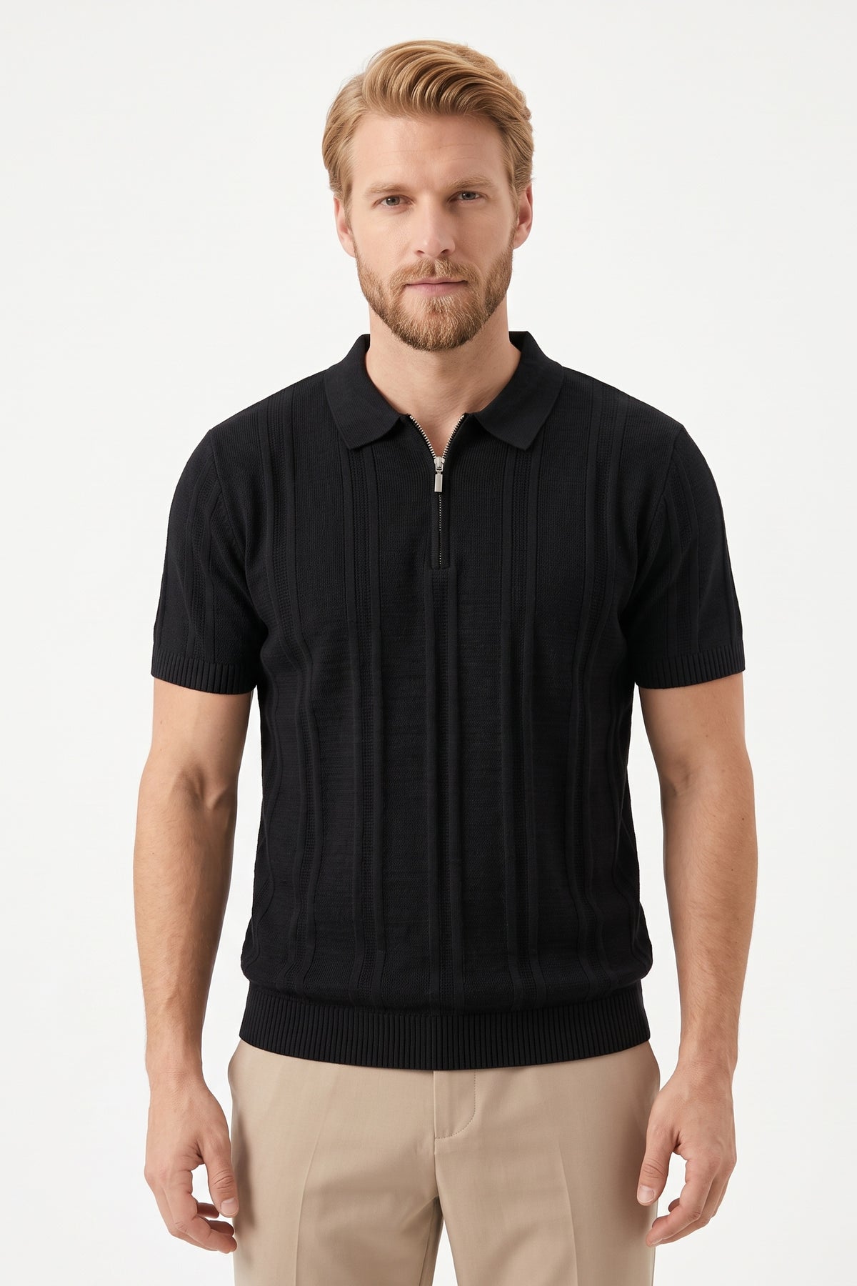 Ribbed Half-Zip Knit Polo Shirt