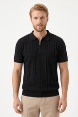 Ribbed Half-Zip Knit Polo Shirt