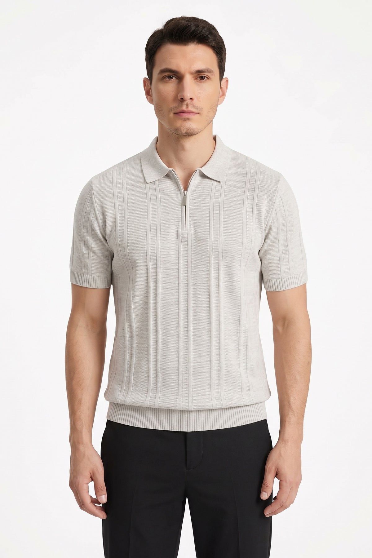 Ribbed Half-Zip Knit Polo Shirt