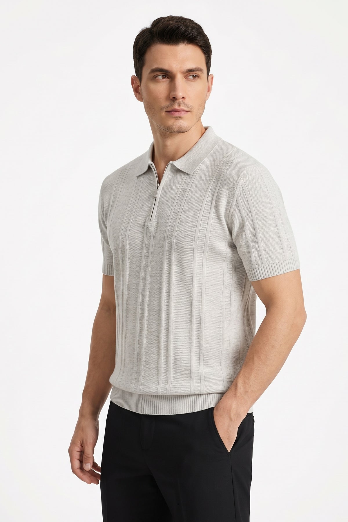 Ribbed Half-Zip Knit Polo Shirt