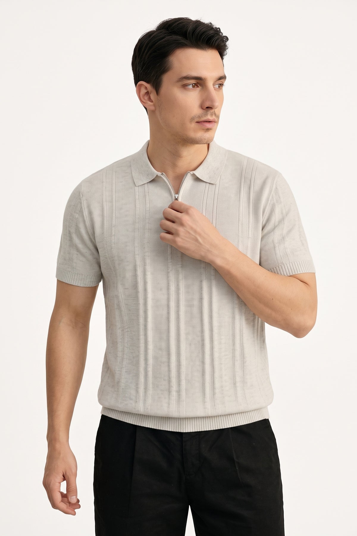 Ribbed Half-Zip Knit Polo Shirt