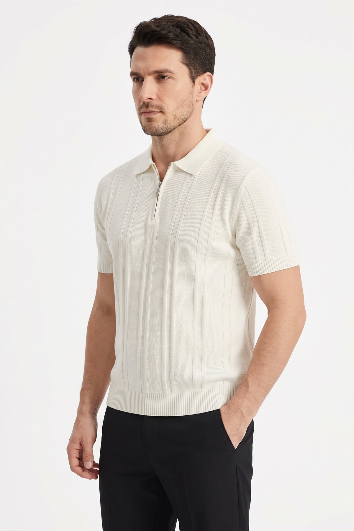 Ribbed Half-Zip Knit Polo Shirt