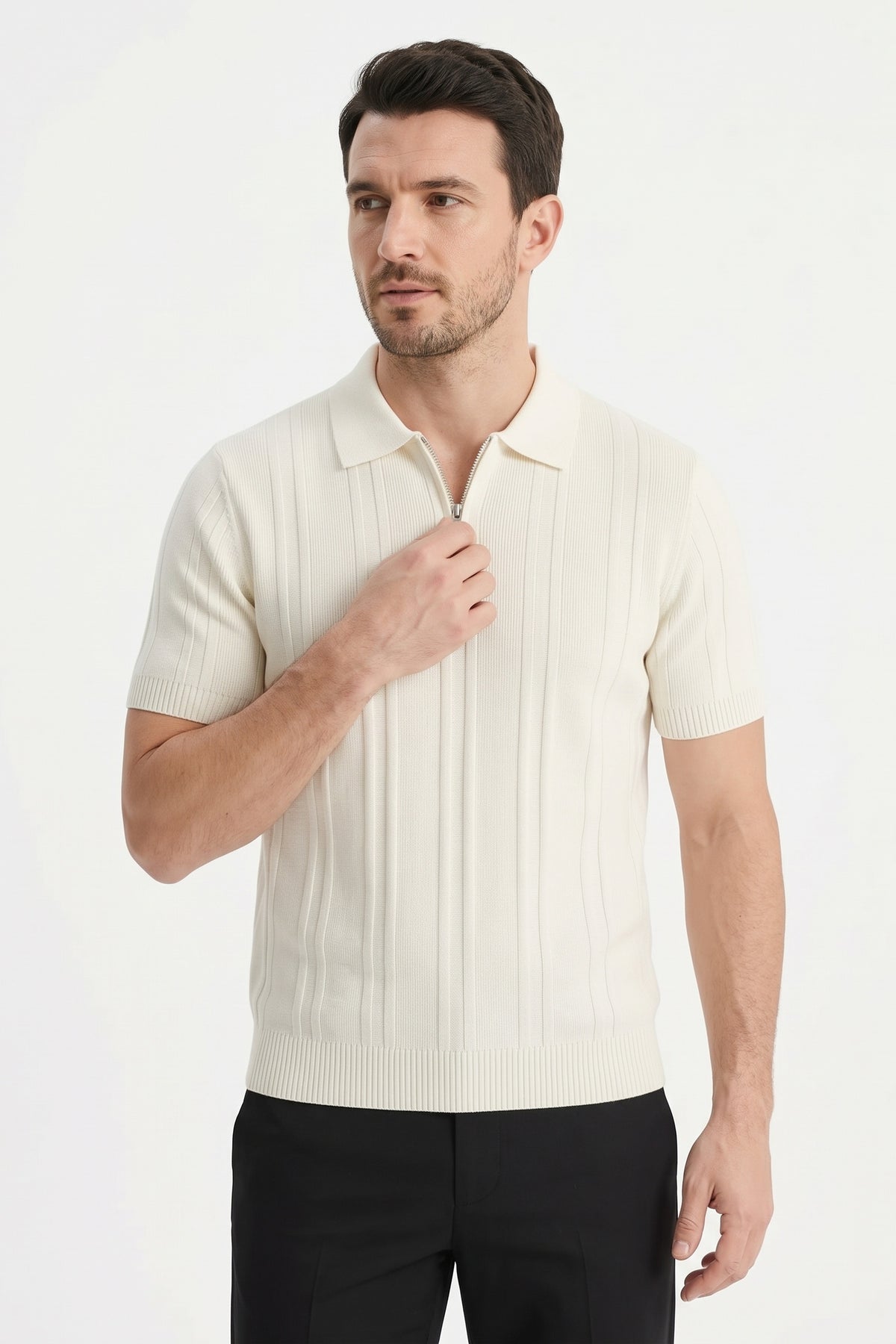 Ribbed Half-Zip Knit Polo Shirt