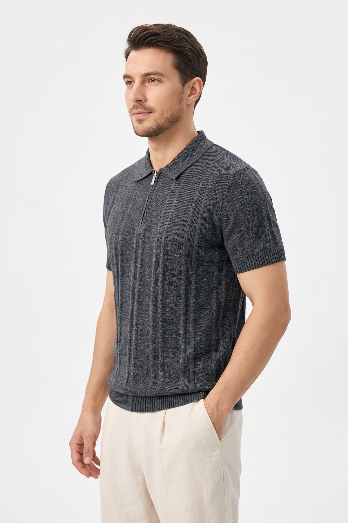 Ribbed Half-Zip Knit Polo Shirt