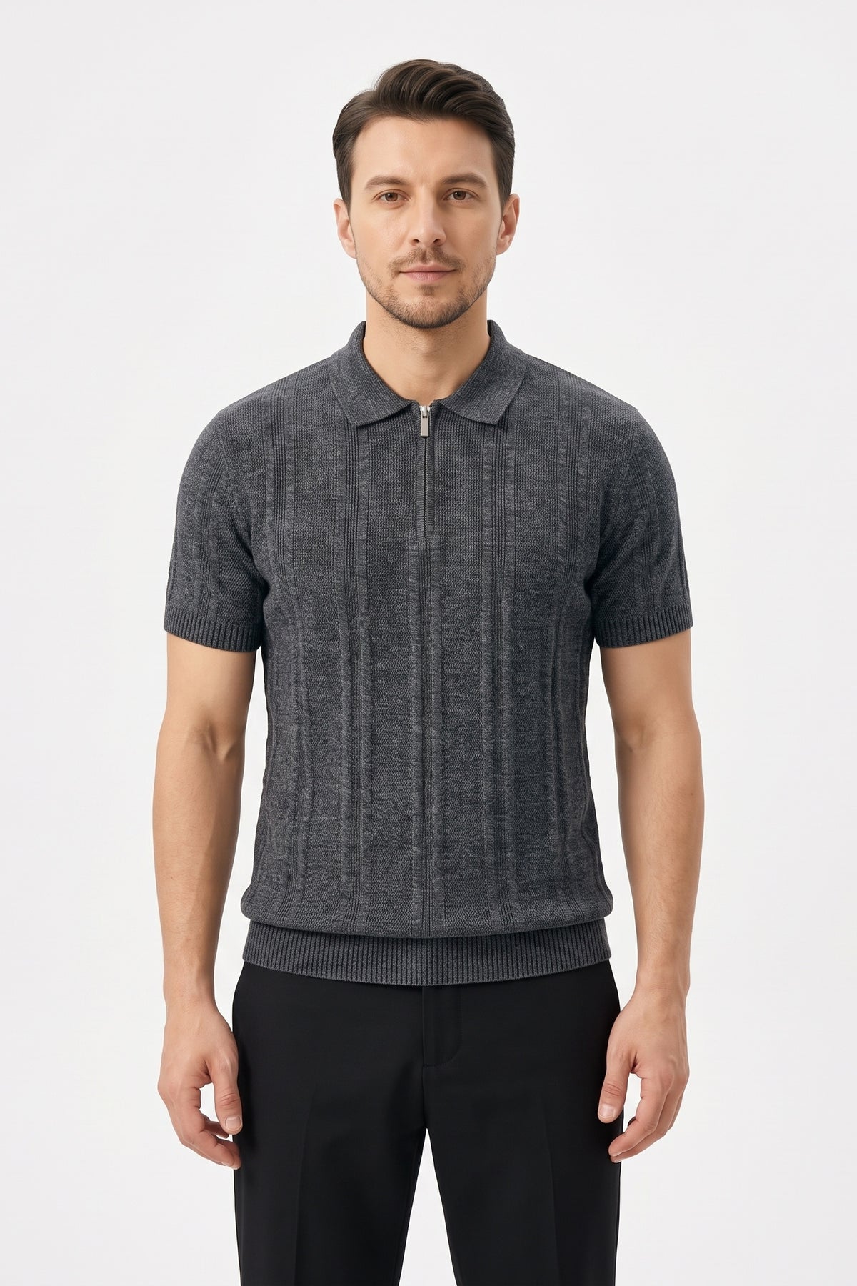 Ribbed Half-Zip Knit Polo Shirt