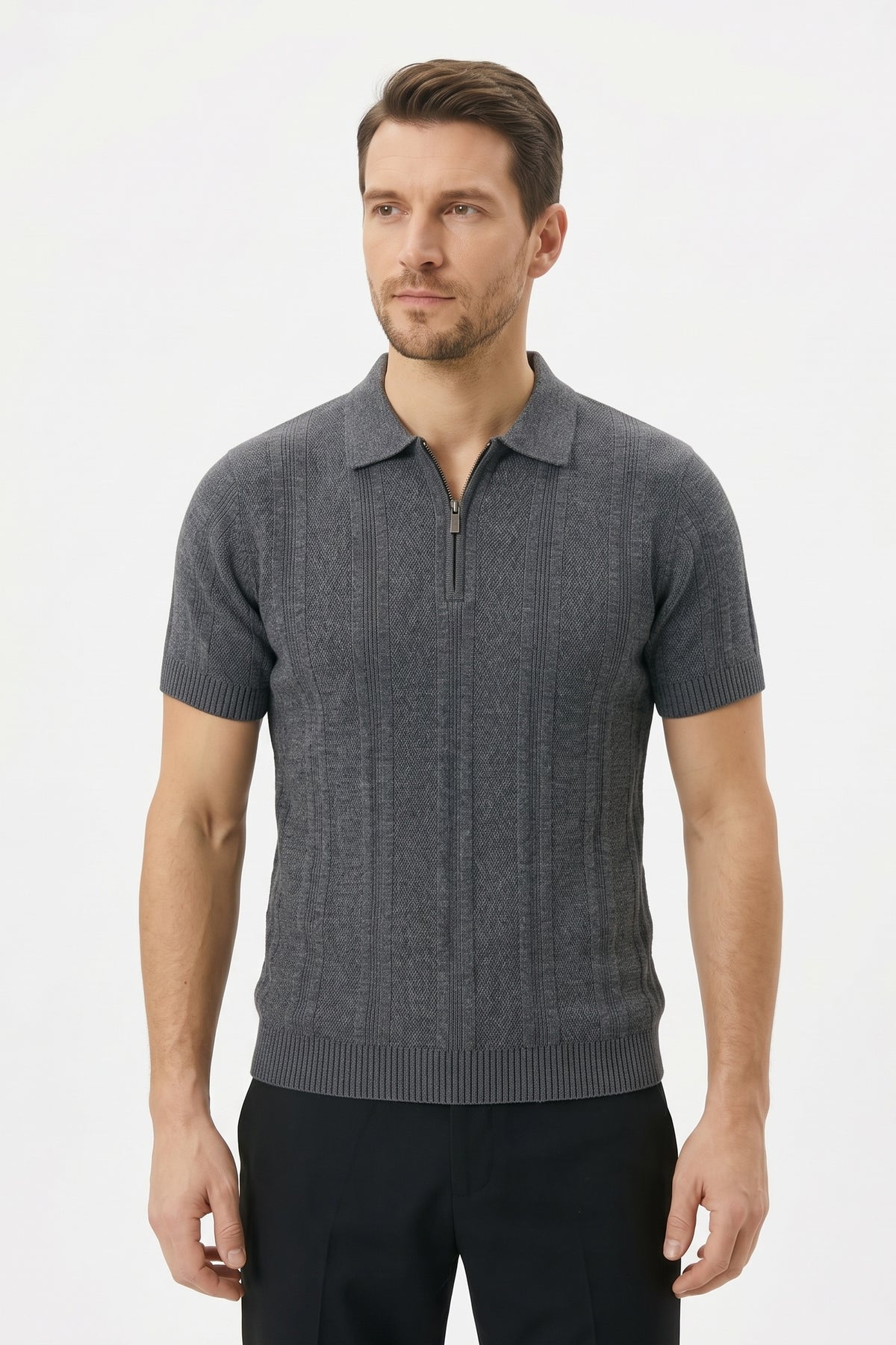 Ribbed Half-Zip Knit Polo Shirt