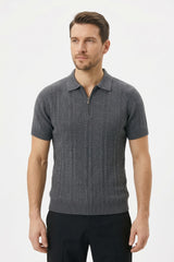 Ribbed Half-Zip Knit Polo Shirt