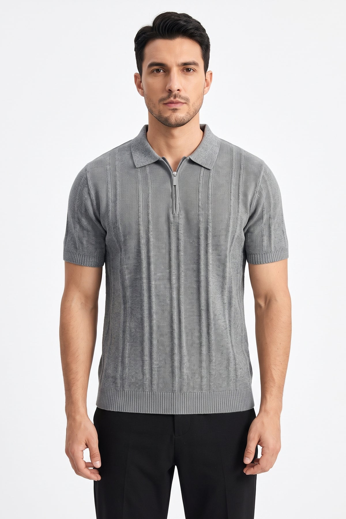 Ribbed Half-Zip Knit Polo Shirt