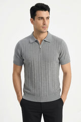 Ribbed Half-Zip Knit Polo Shirt