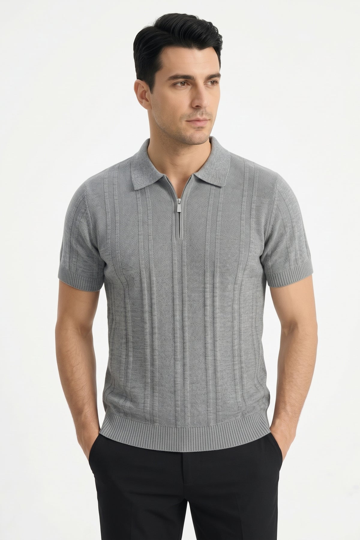 Ribbed Half-Zip Knit Polo Shirt