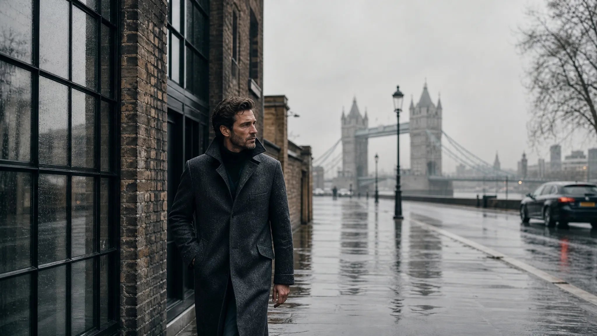 Maverick — charcoal overcoat, rainy London street, Tower Bridge (hero slide 2 desktop)