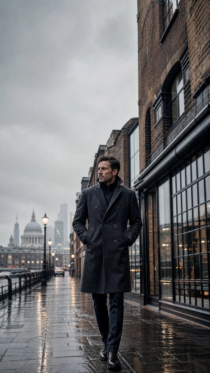 Maverick — charcoal overcoat, rainy London street, St Paul's (hero slide 2 mobile)