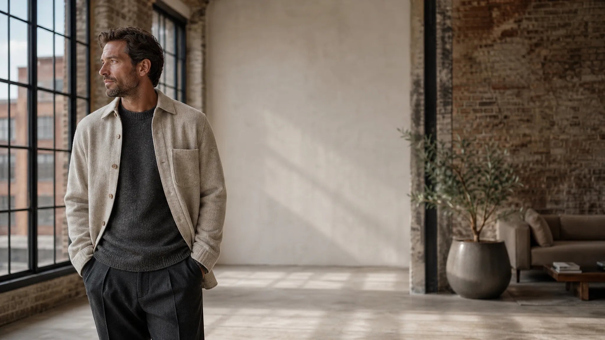 Maverick — new-season layers, oatmeal overshirt, sunlit loft (hero slide 3 desktop)